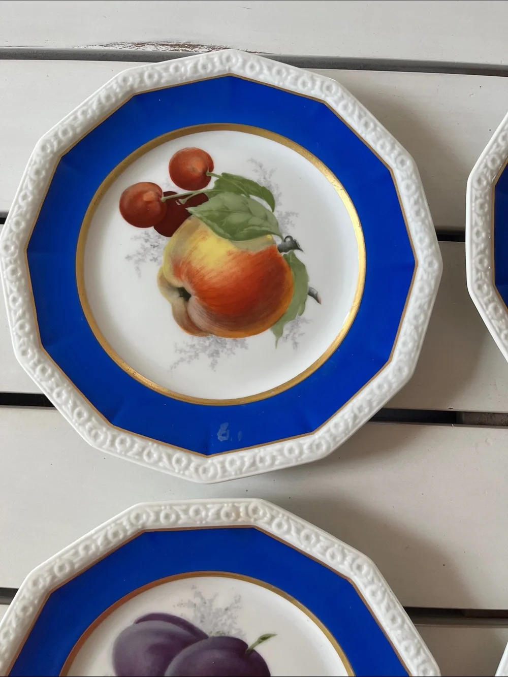 The Rosenthal Octagonal Fruit Motif Lunch Plates in Cobalt Blue and Gold Trim